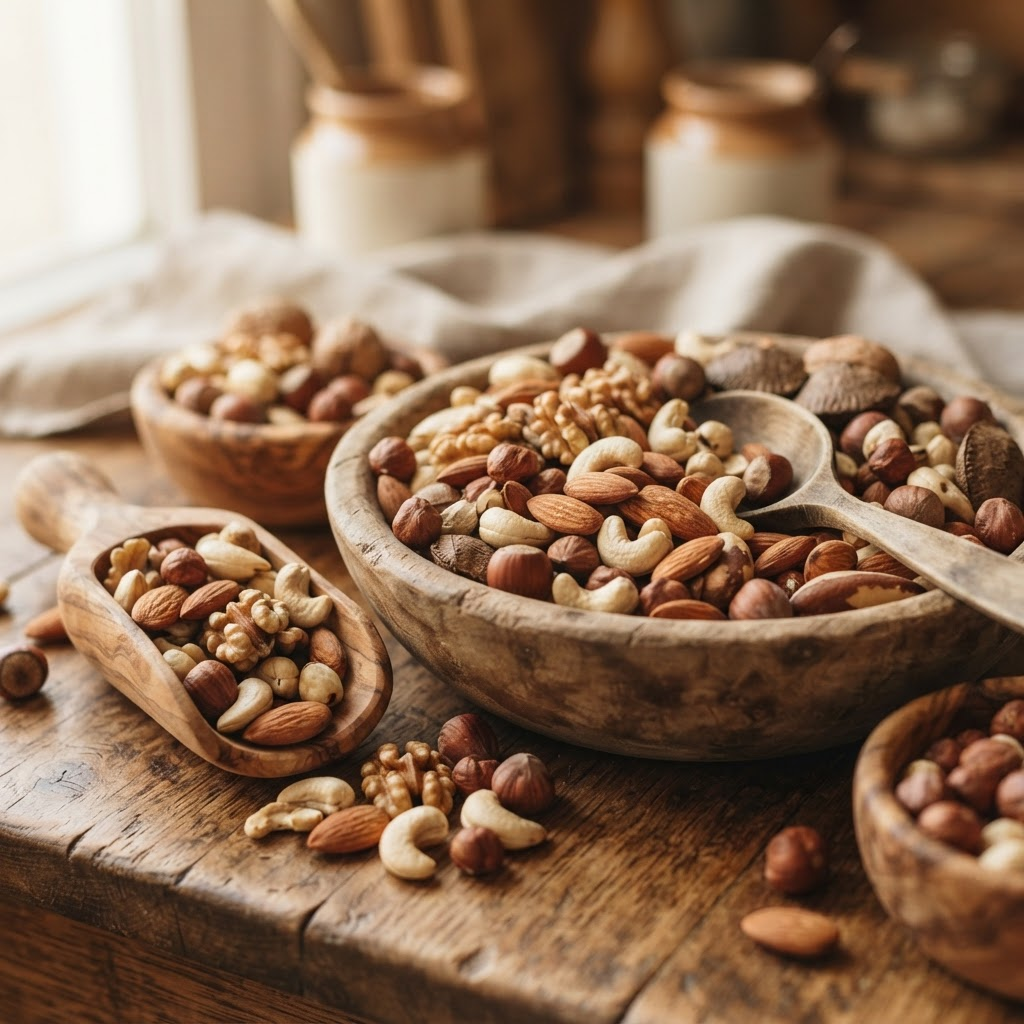 Assorted fresh nuts in wooden bowls
